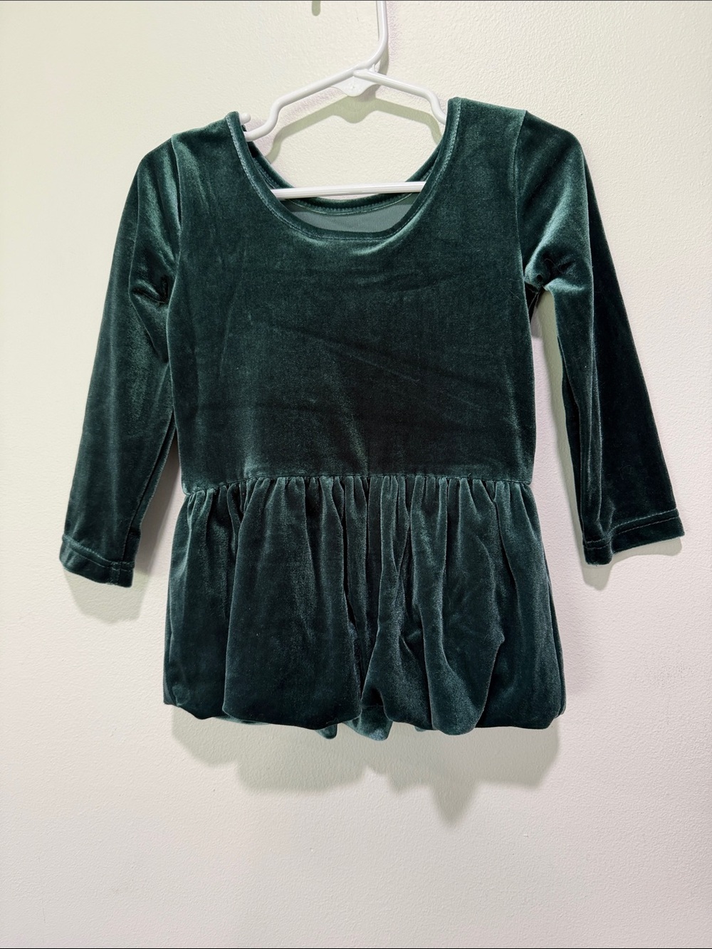 Girls' Velvet Long-Sleeve Bubble Bottom Dress- Forest Green
